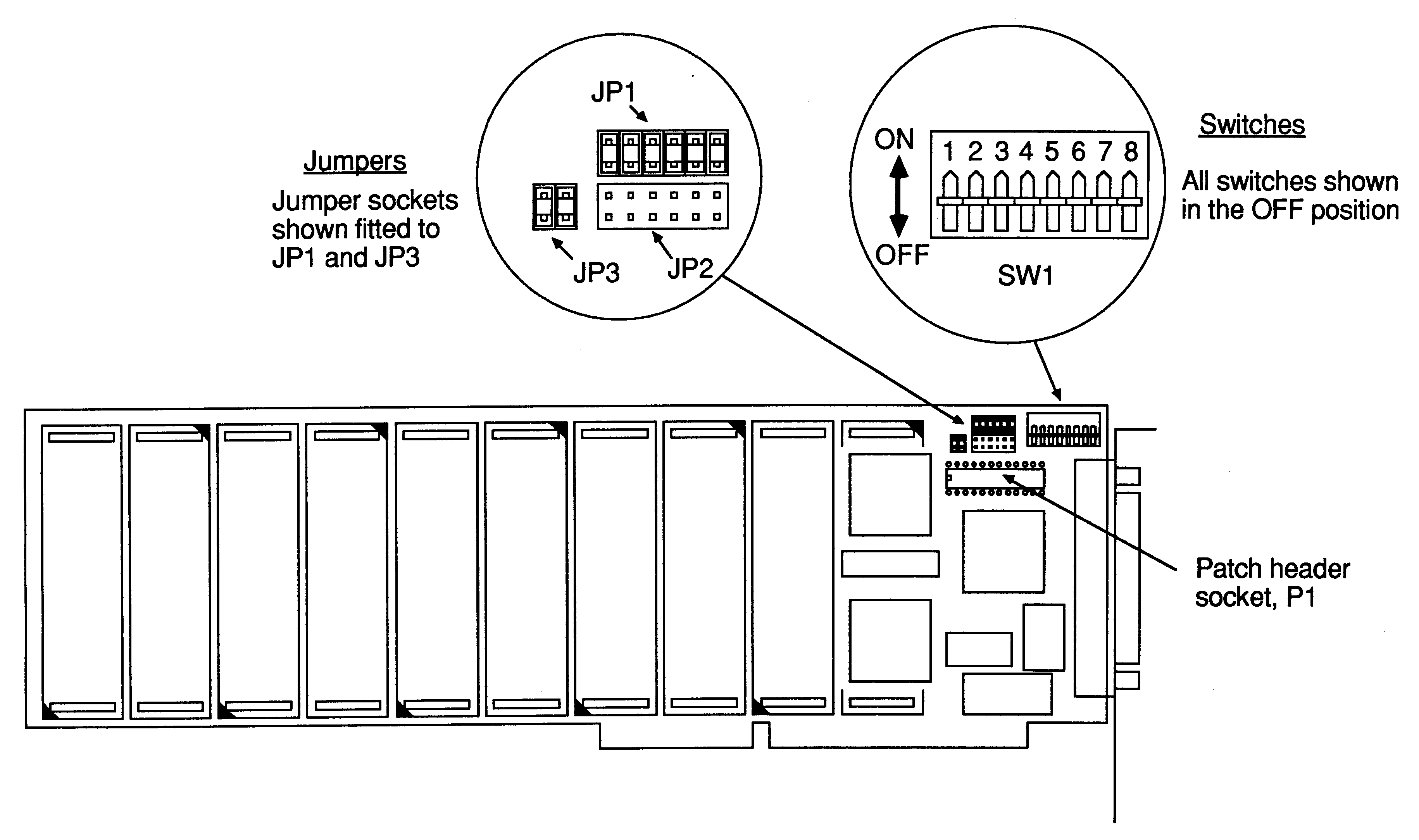 Location of the jumpers, patch header socket, and option
switches on the IMS B008