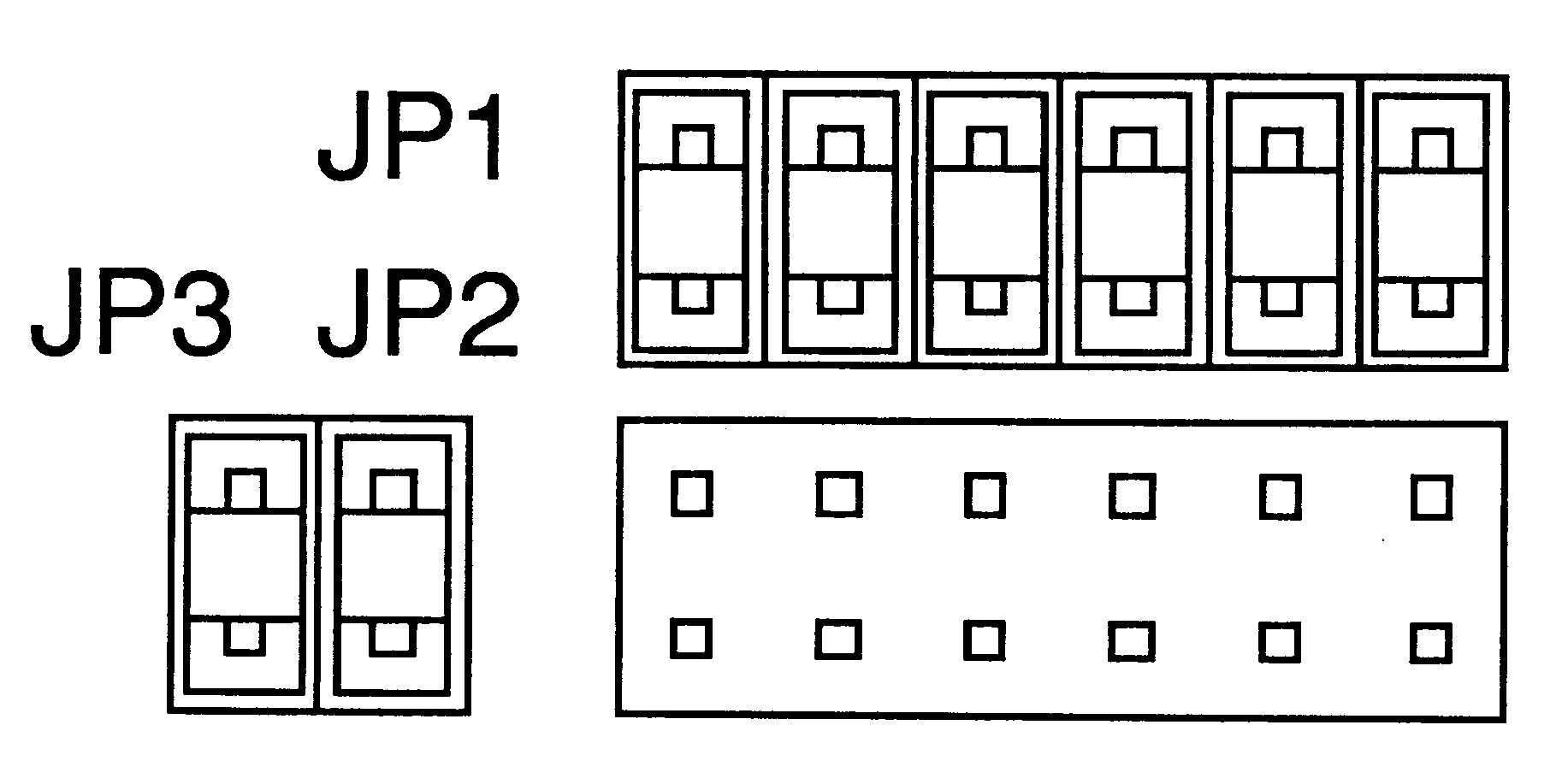 Diagram showing the fitting of jumpers to
the jumper pin arrays, jumpers shown fitted to JP1 and JP3